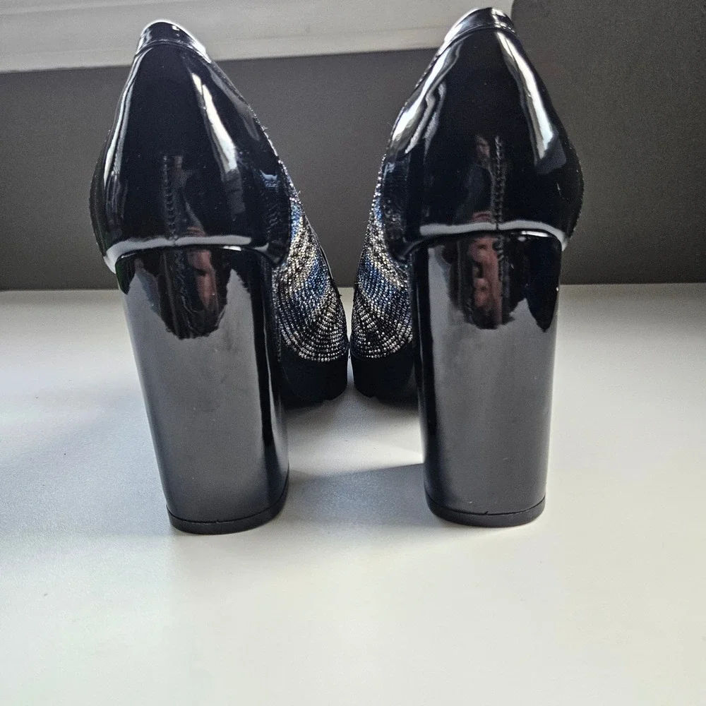 Rhinestone Heel Loafers Platform Block Plaid 6.5 Glam Sparkle Maximalist Party